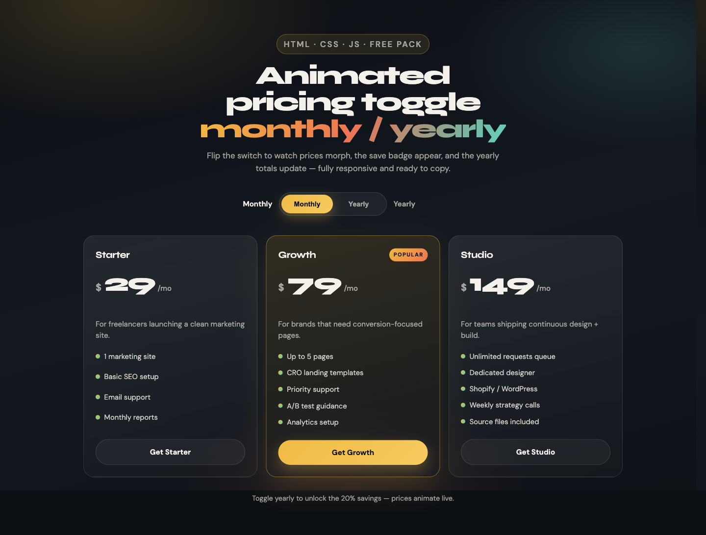 Animated pricing toggle set to Monthly with three plan cards