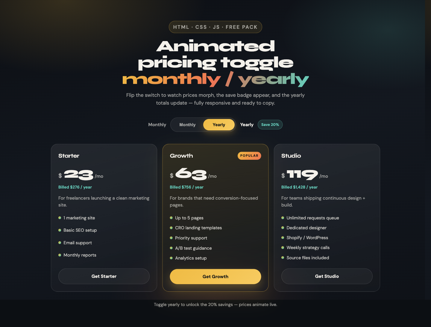 Animated pricing toggle set to Yearly with Save 20 percent badge and updated prices