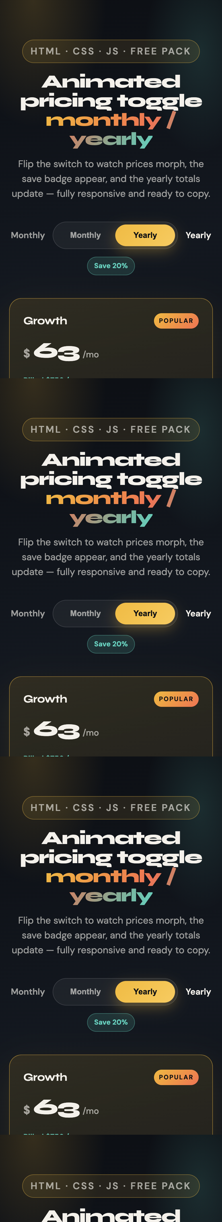 Mobile stacked pricing cards with yearly toggle active