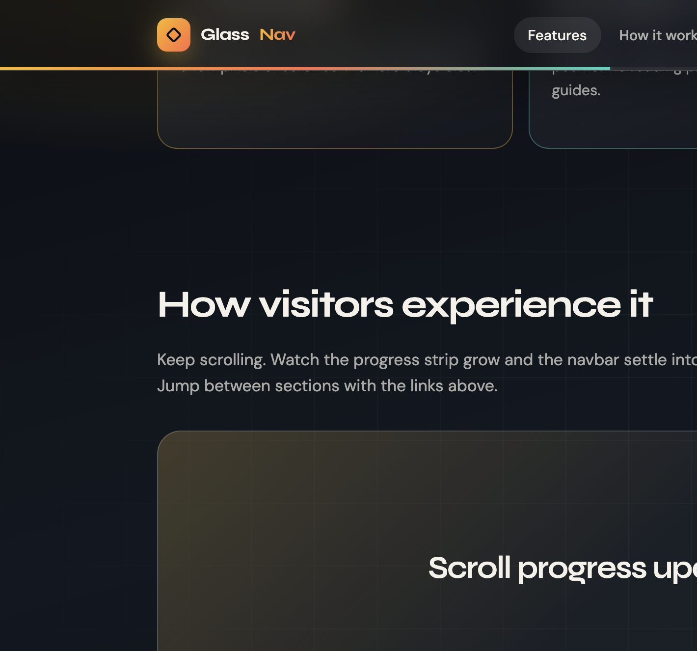 Frosted glass sticky navbar with filled scroll progress bar