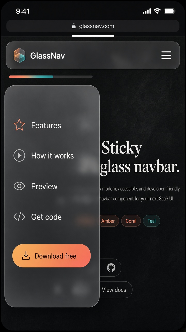 Mobile sticky glass navbar with open frosted drawer menu