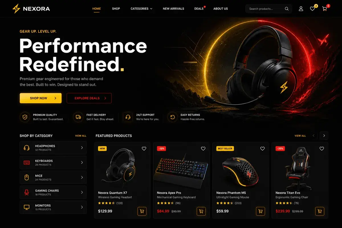 Dark-mode ecommerce website designed by Let Start Design