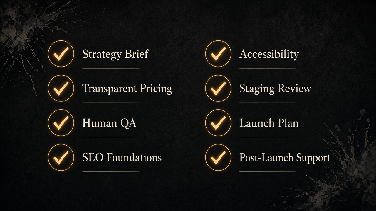 Checklist of client expectations from an AI website agency including strategy, pricing, QA, SEO, accessibility, staging, launch, and support