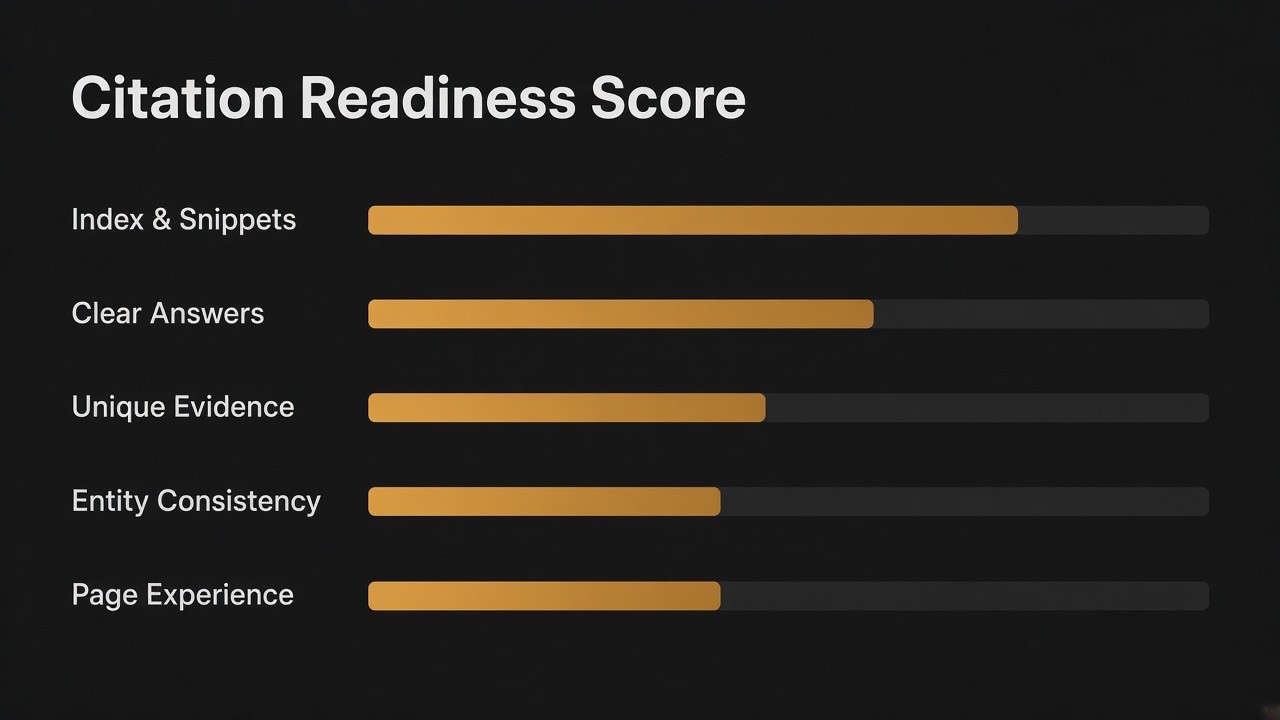 Citation Readiness Score diagram with five factors for AI Overviews eligibility