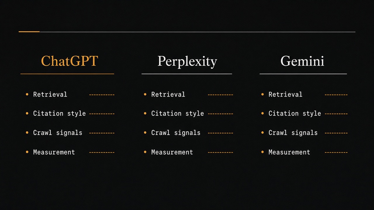 Comparison diagram of ChatGPT, Perplexity, and Gemini retrieval, citation style, crawl signals, and measurement