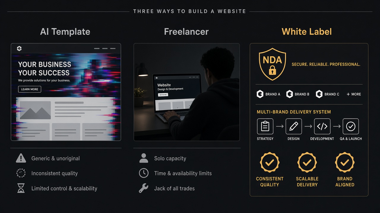 Comparison of AI template sites, freelancer delivery, and white-label agency systems