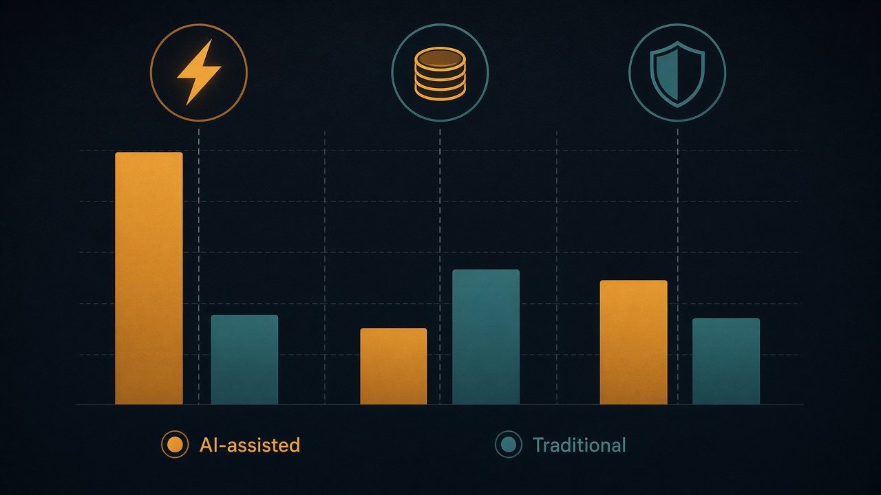 Infographic comparing AI-assisted and traditional website builds across cost, speed, and risk