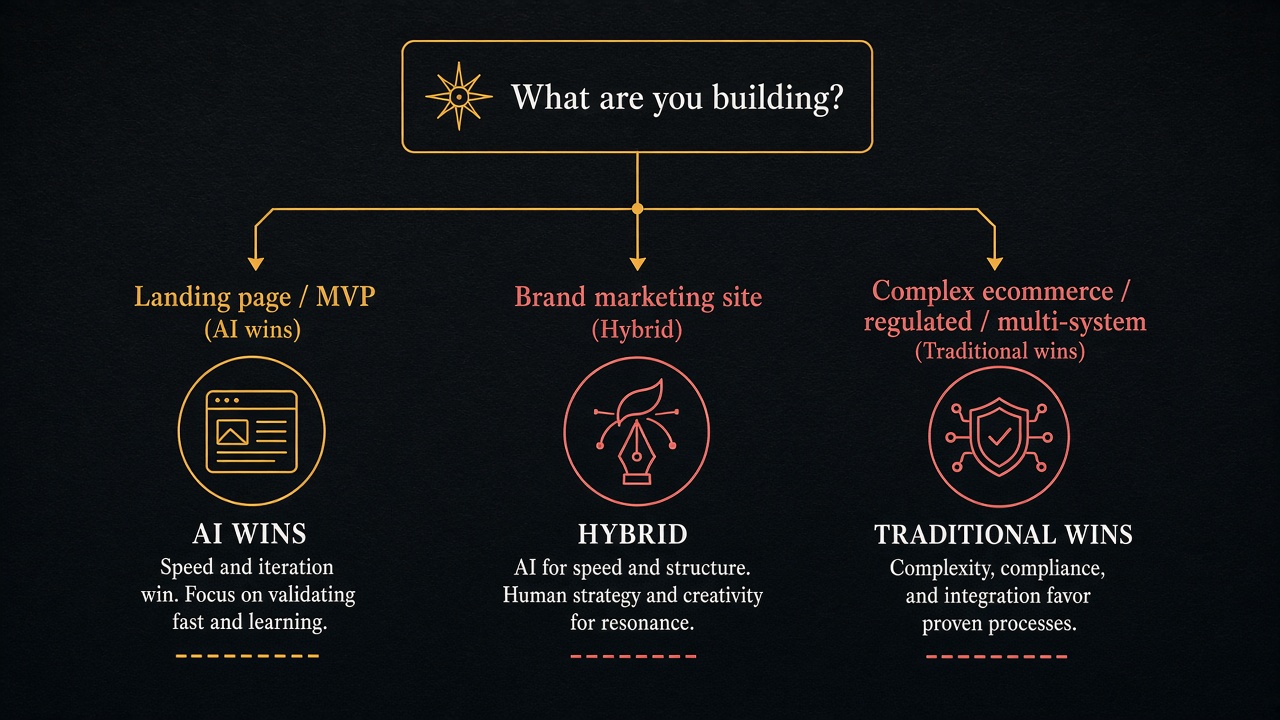 Flowchart showing when AI, hybrid, or traditional website builds win based on project type