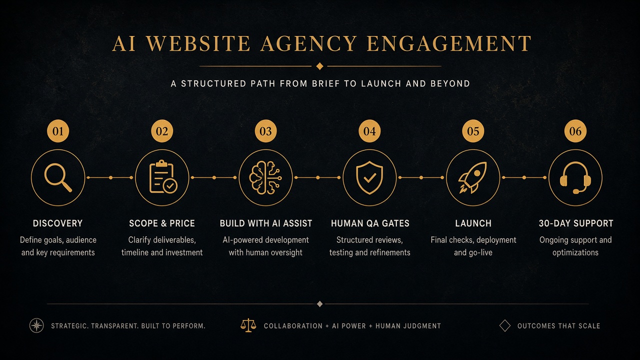 AI website agency engagement timeline from discovery through launch and 30-day support