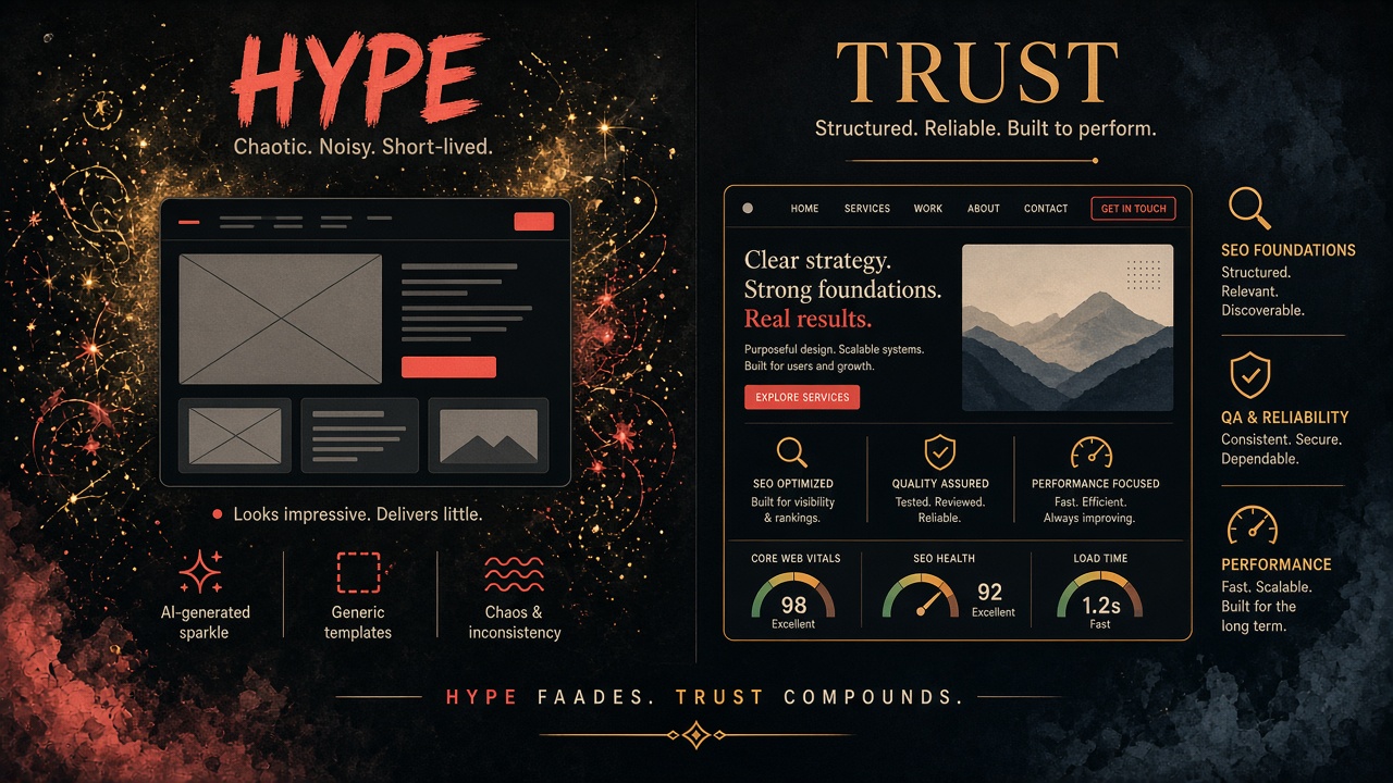 Trust versus hype comparison for AI website agencies — structured delivery vs generic AI templates
