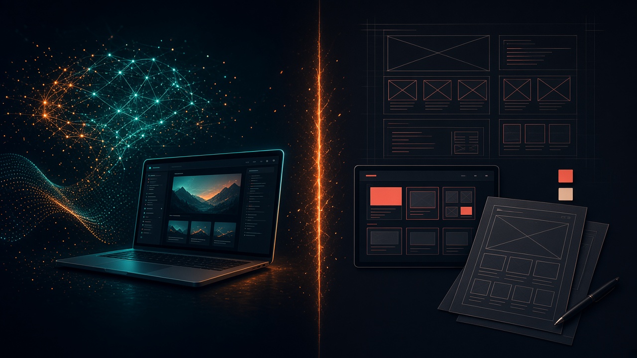 AI website development versus traditional website builds — split visual of AI-assisted workflow and handcrafted design process