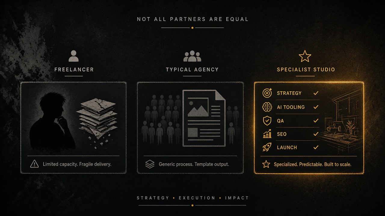 Comparison of freelancer, typical agency, and specialist studio for AI and traditional website projects