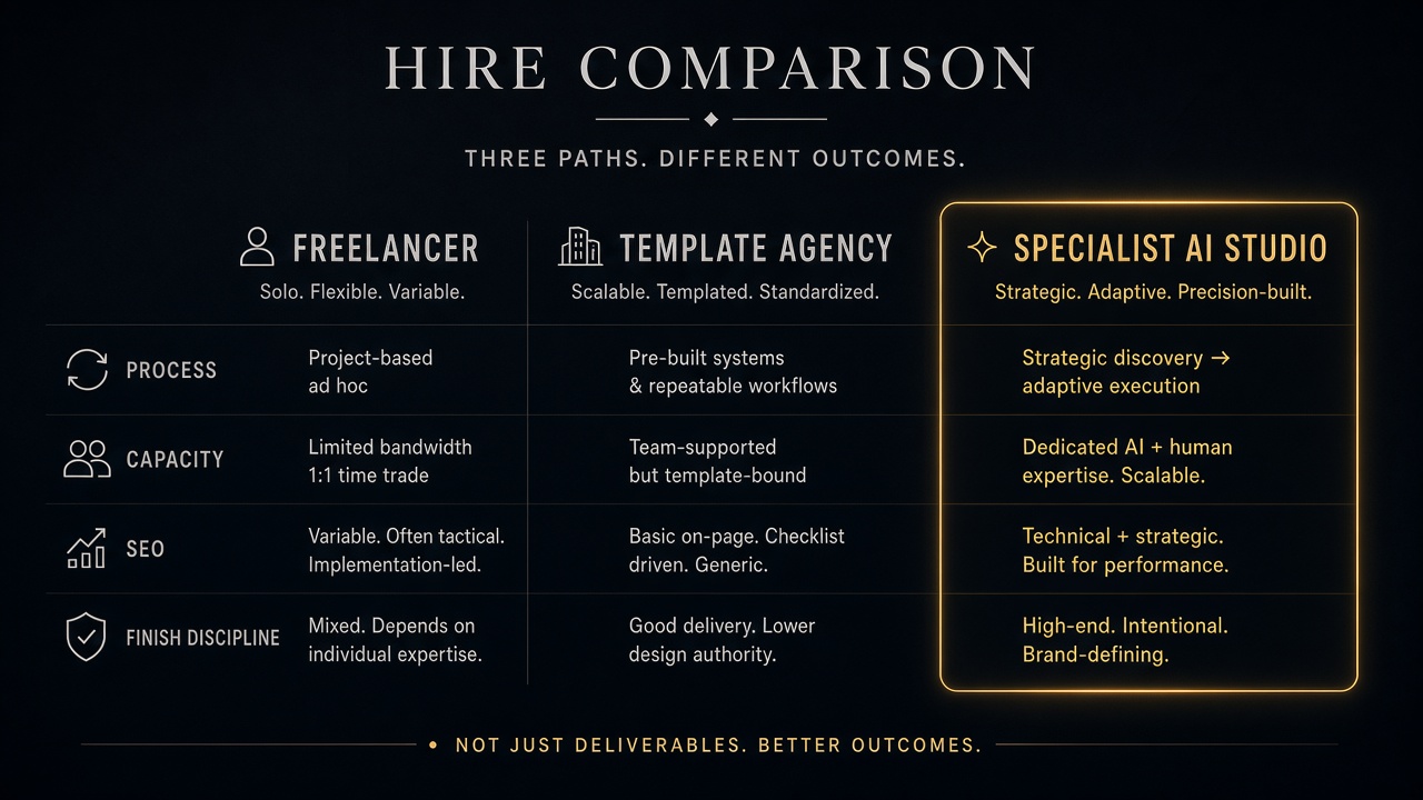 Comparison of hiring a freelancer, template agency, or specialist AI studio for website projects in 2026