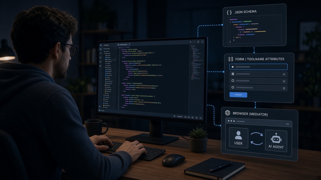 Developer implementing WebMCP imperative and declarative APIs in a code editor
