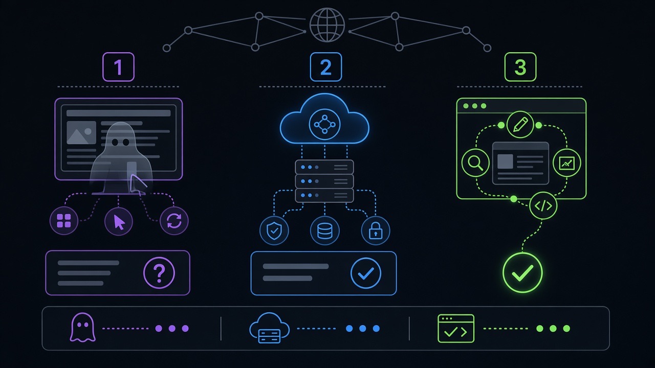 Comparison of screen-scraping agents, server-side MCP, and WebMCP in-browser tools