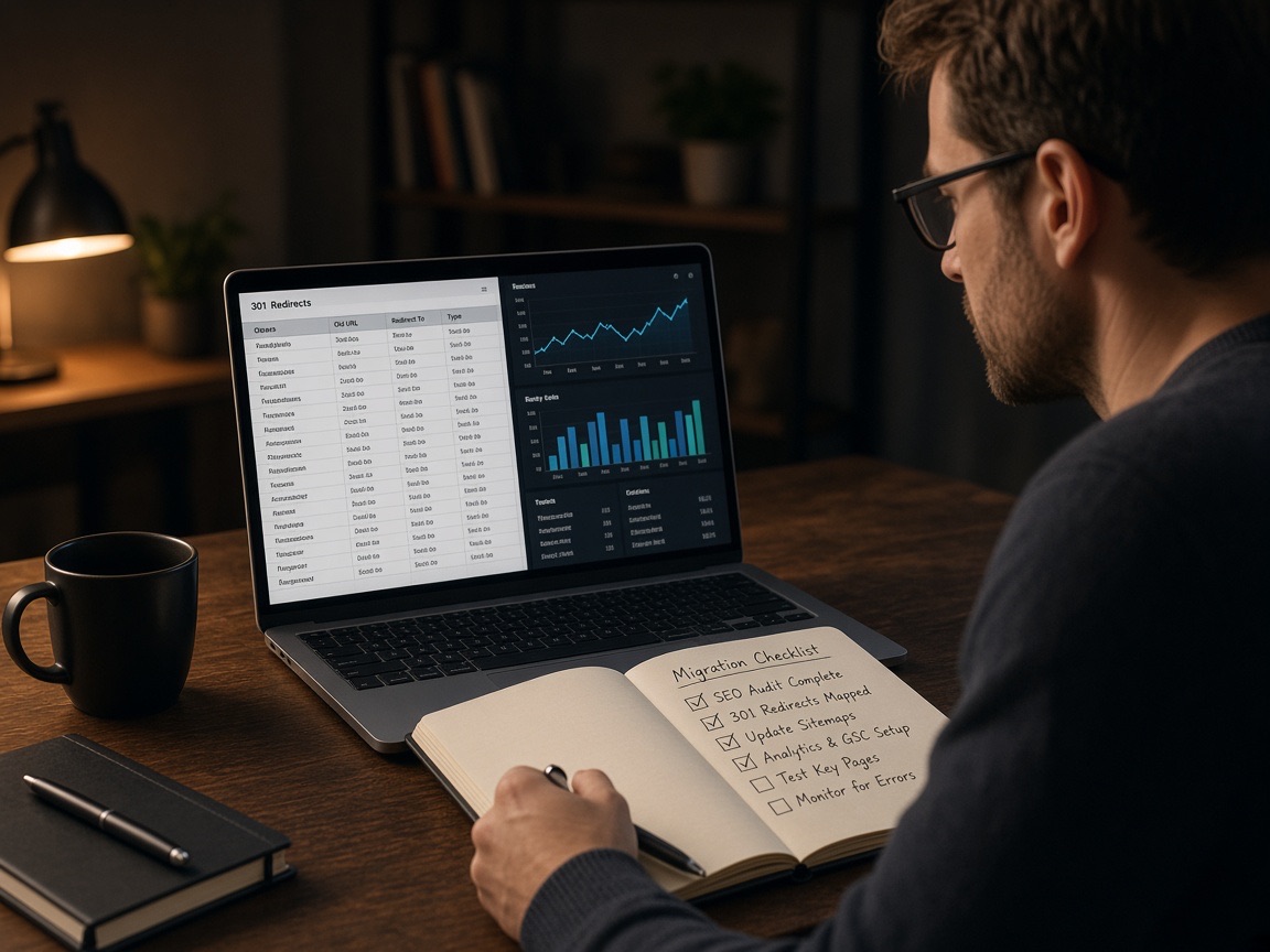 SEO specialist reviewing website migration redirect checklist on laptop