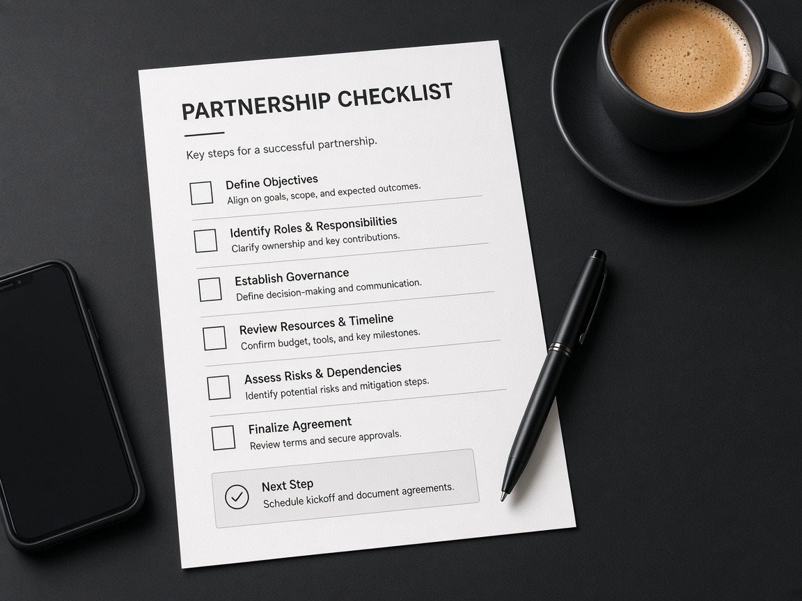 Partnership checklist and notes on a desk for evaluating a white label WordPress partner