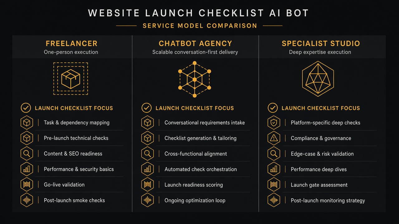 Comparison of hiring a freelancer, chatbot agency, or specialist studio for a website launch checklist bot