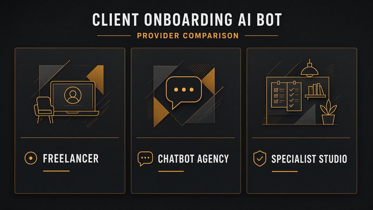 Comparison of hiring a freelancer, chatbot agency, or specialist studio to build a client onboarding bot