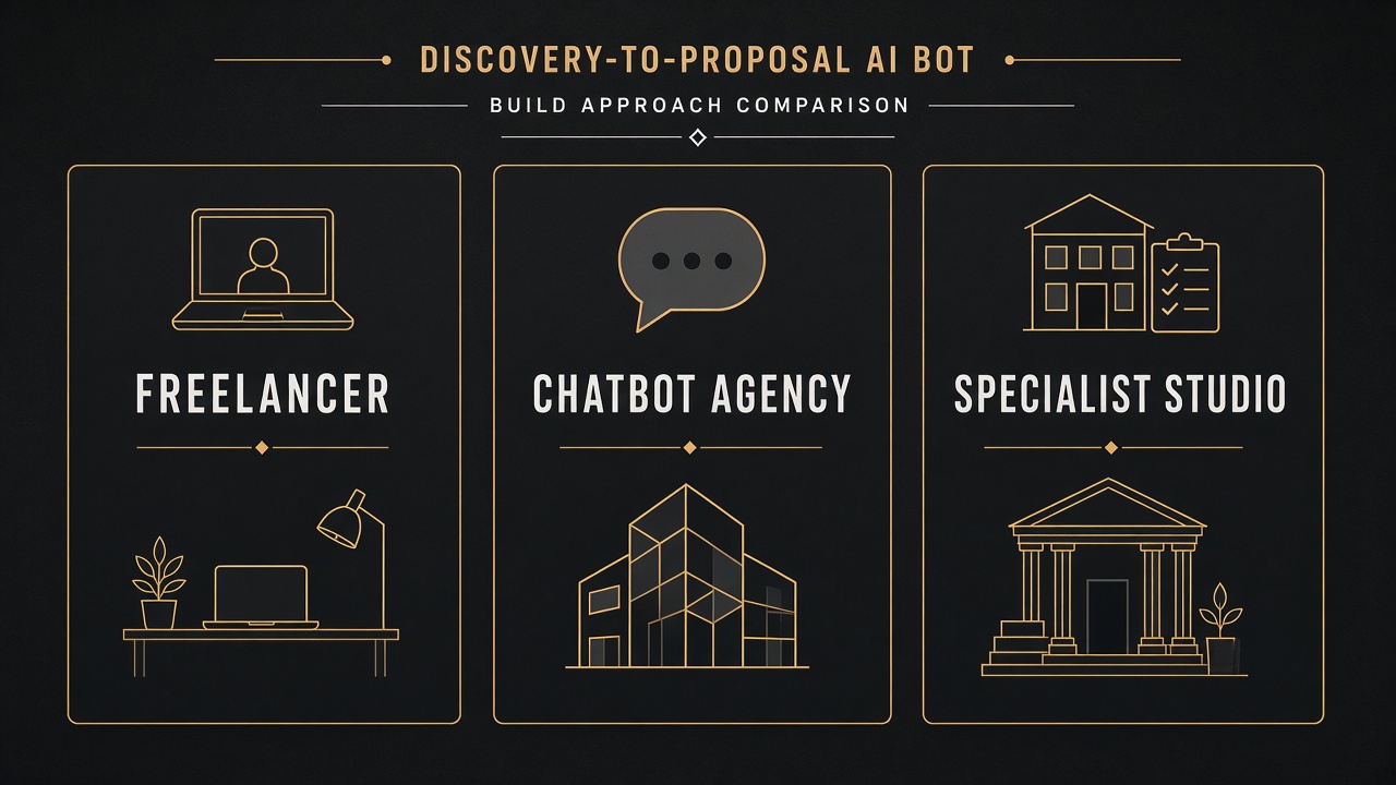 Comparison of hiring a freelancer, chatbot agency, or specialist studio to build a discovery proposal draft bot