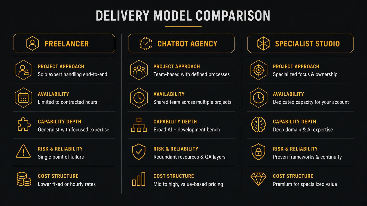 Comparison of hiring a freelancer, chatbot agency, or specialist studio for a weekly project status update bot