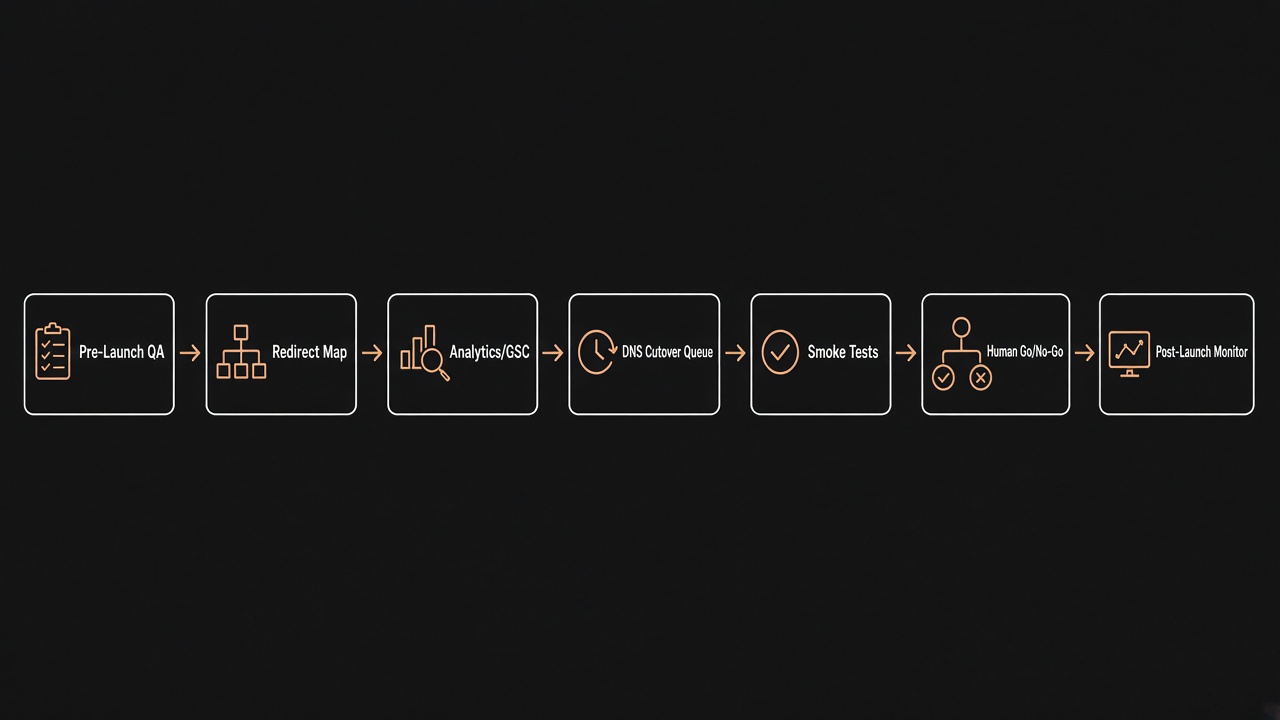 Architecture diagram for a website launch checklist bot from pre-launch QA to post-launch monitor