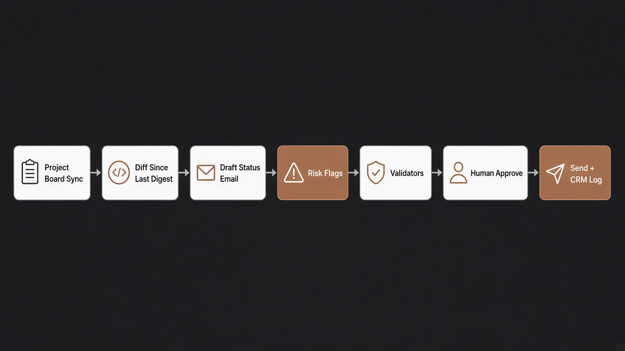 Architecture diagram for a weekly project status update bot from board sync to CRM log
